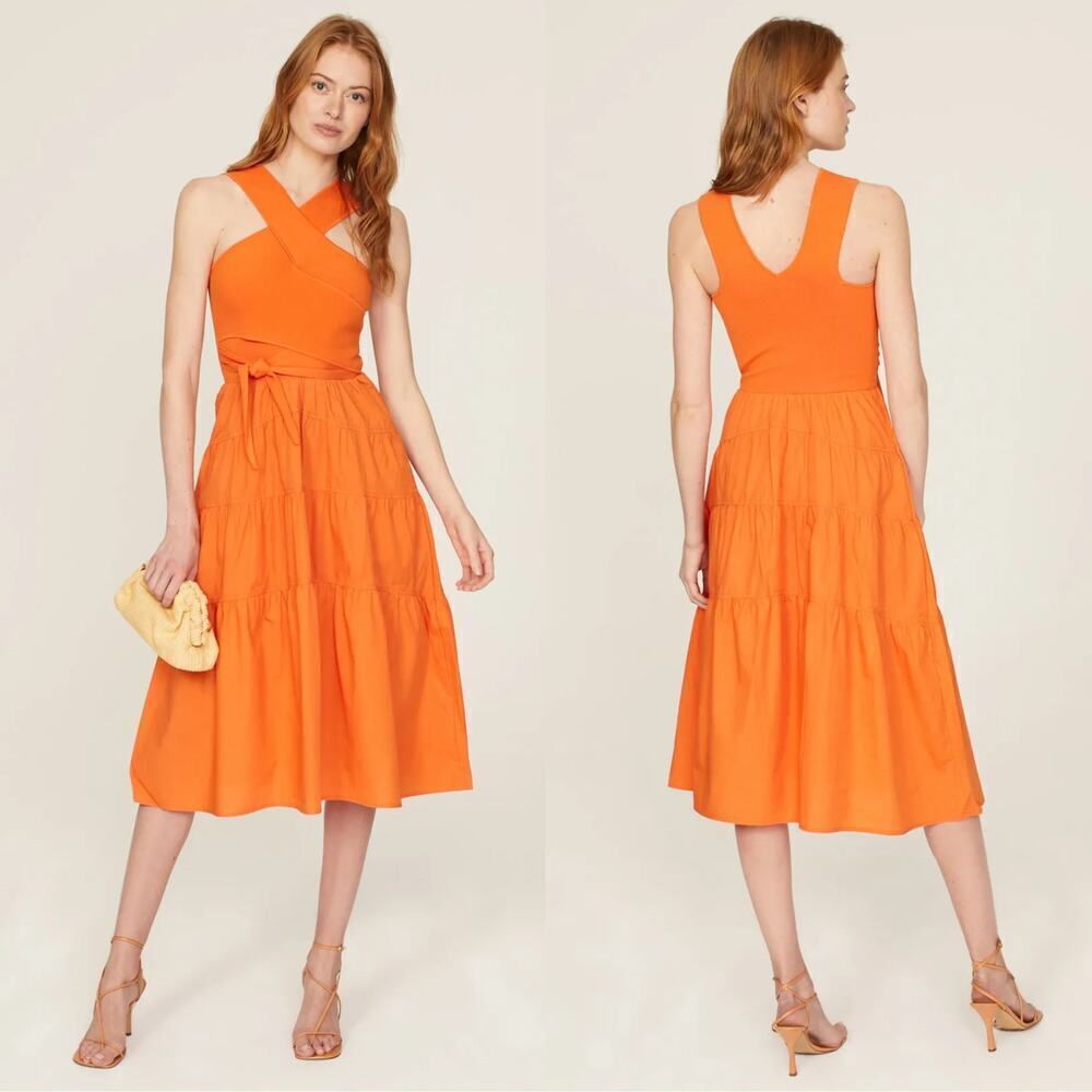 Derek Lam Dress Sleeveless Criss Cross Strap Tiered Midi A-Line Orange Medium